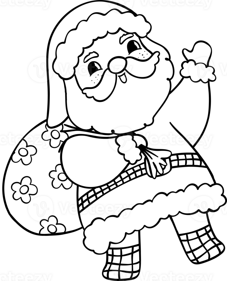 Groovy Retro Christmas Santa with sack cartoon coloring doodle hand drawn png