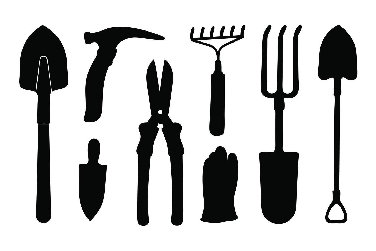 Gardening elements set silhouettes isolated flat illustration on white background. vector