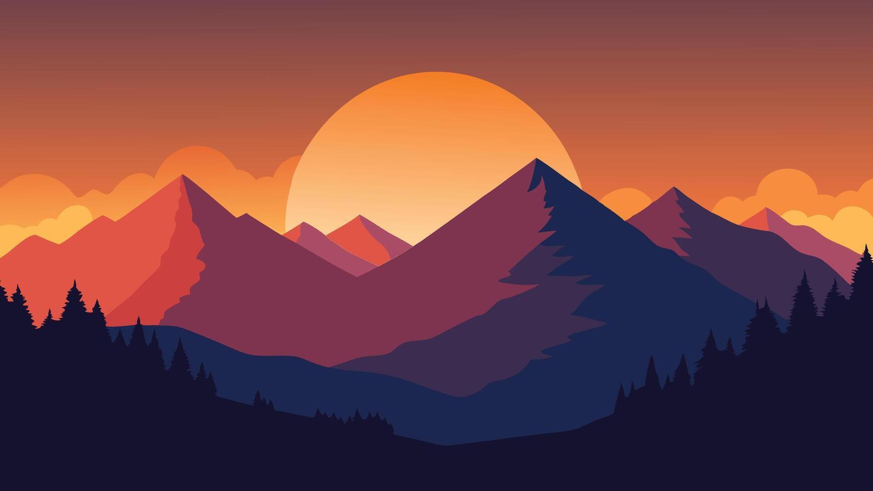 breathtaking sunset casts warm hues over majestic mountains, creating a serene and picturesque landscape flat illustration. vector