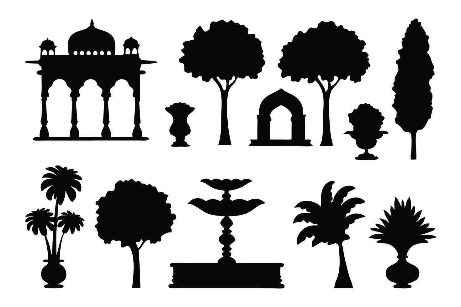 Traditional Mughal garden set silhouettes isolated flat illustration on white background vector