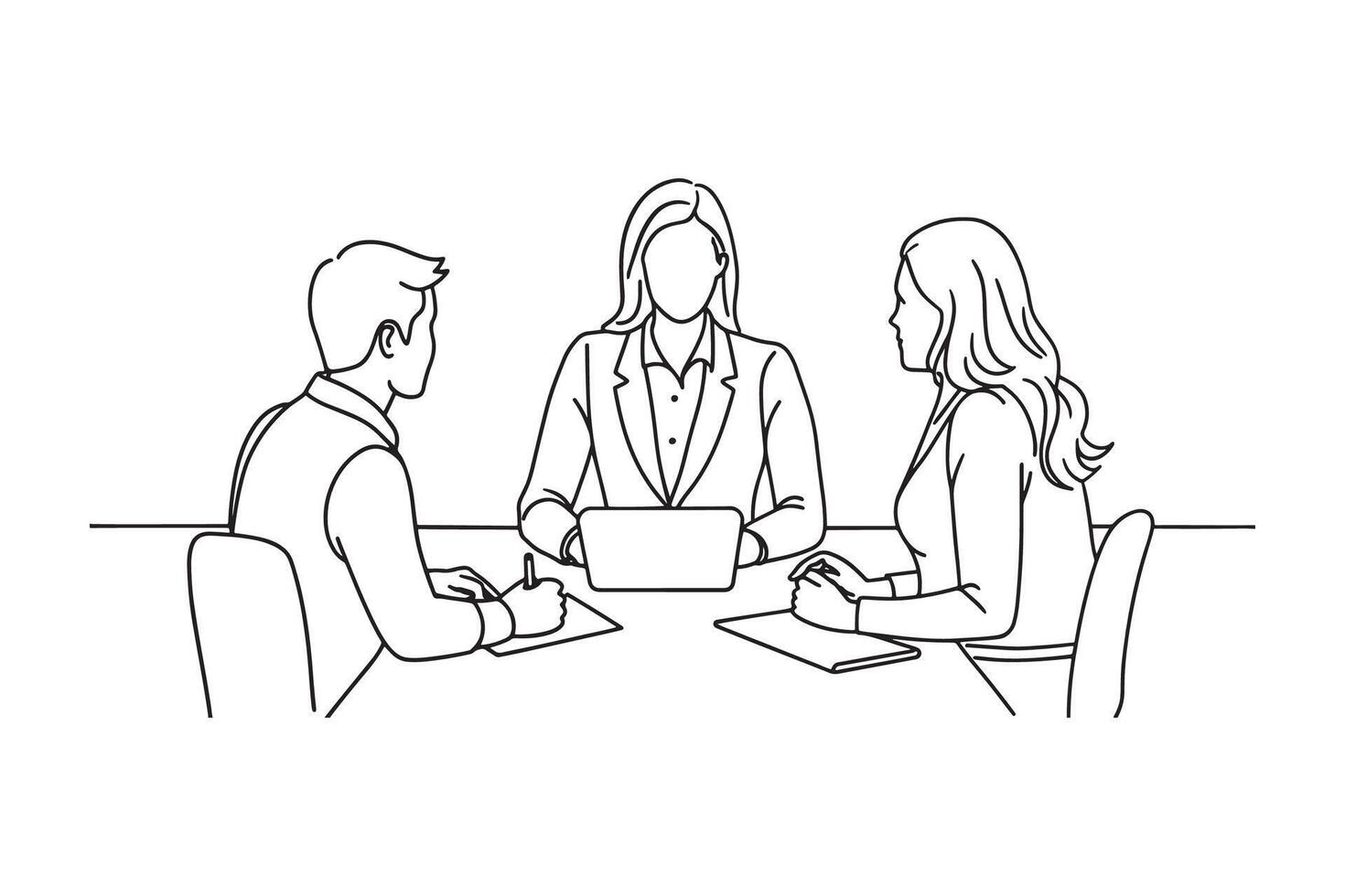 Young happy businesswoman having meeting with her colleagues in office and looking at camera Continuous line draw Full length single line animation vector