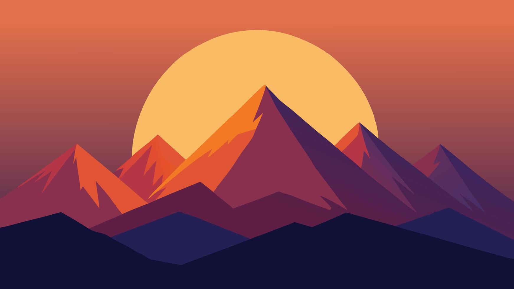 bright sun illuminates a majestic mountain range, casting vibrant light across the peaks and valleys flat illustration. vector