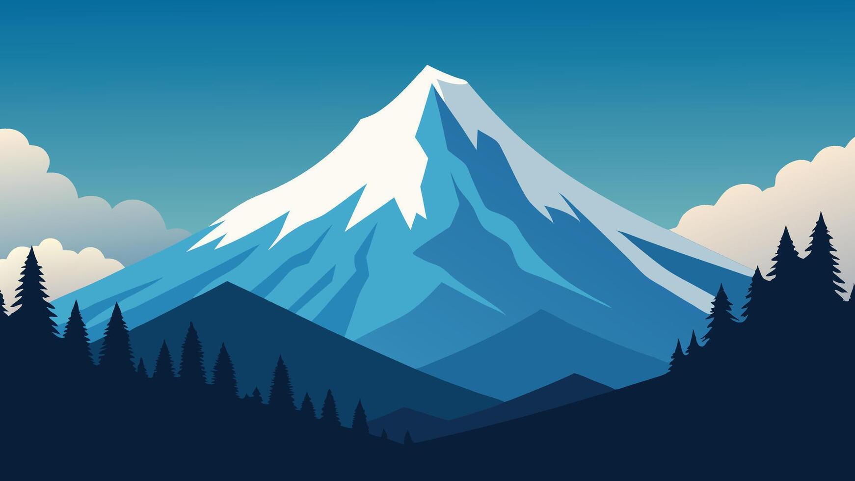 snowy mountain peak surrounded by trees and clouds, showcasing a serene winter landscape flat illustration vector