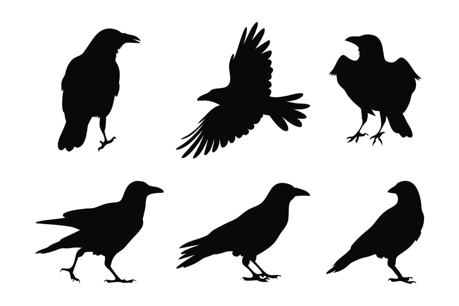 Crows set silhouettes isolated flat illustration on white background vector
