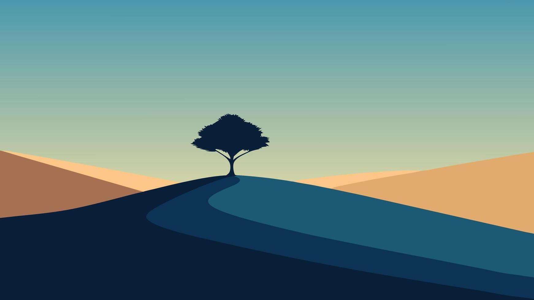 solitary tree atop a hill surrounded by an expansive field under a clear sky flat illustration vector