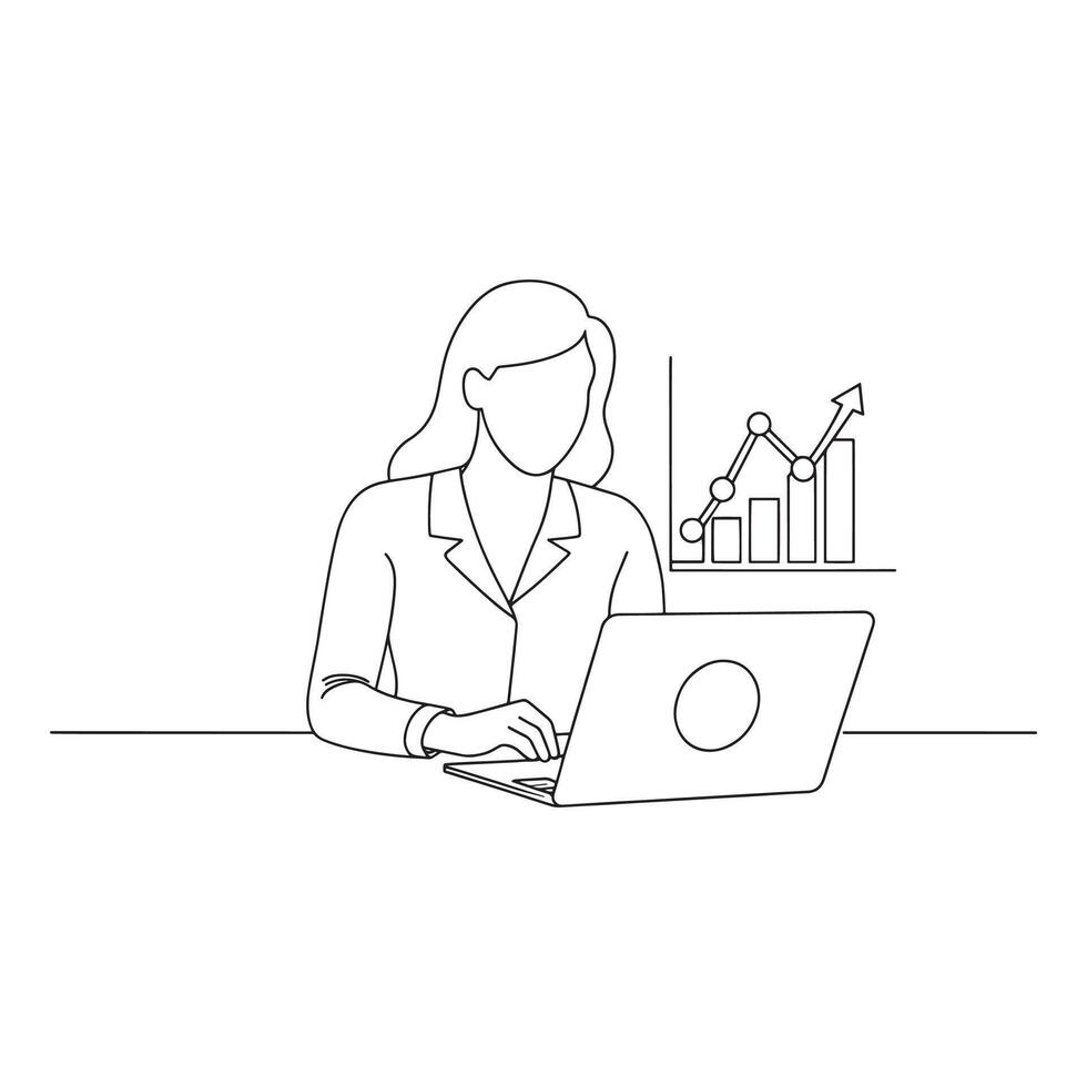 Woman focused on her laptop, analyzing a graph with various icons displayed on the screen isolated continuous line art flat illustration on white background vector