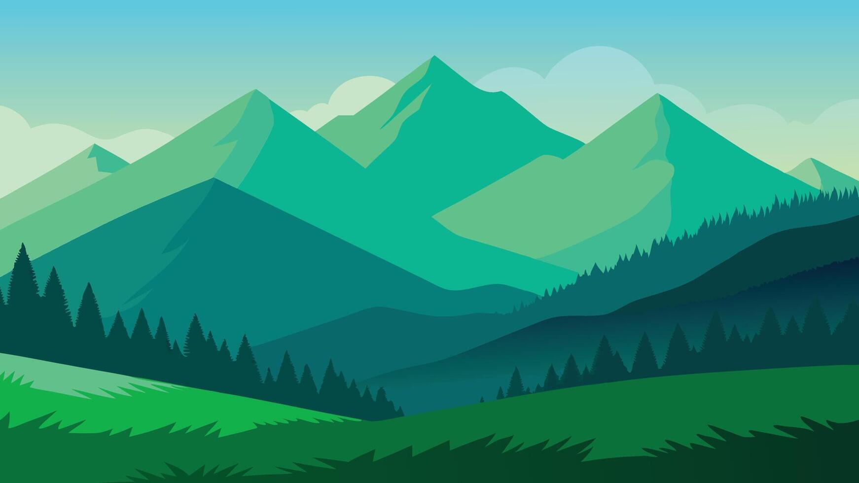 Lush green mountainsides adorned with vibrant grass, creating a serene and picturesque natural landscape flat illustration vector