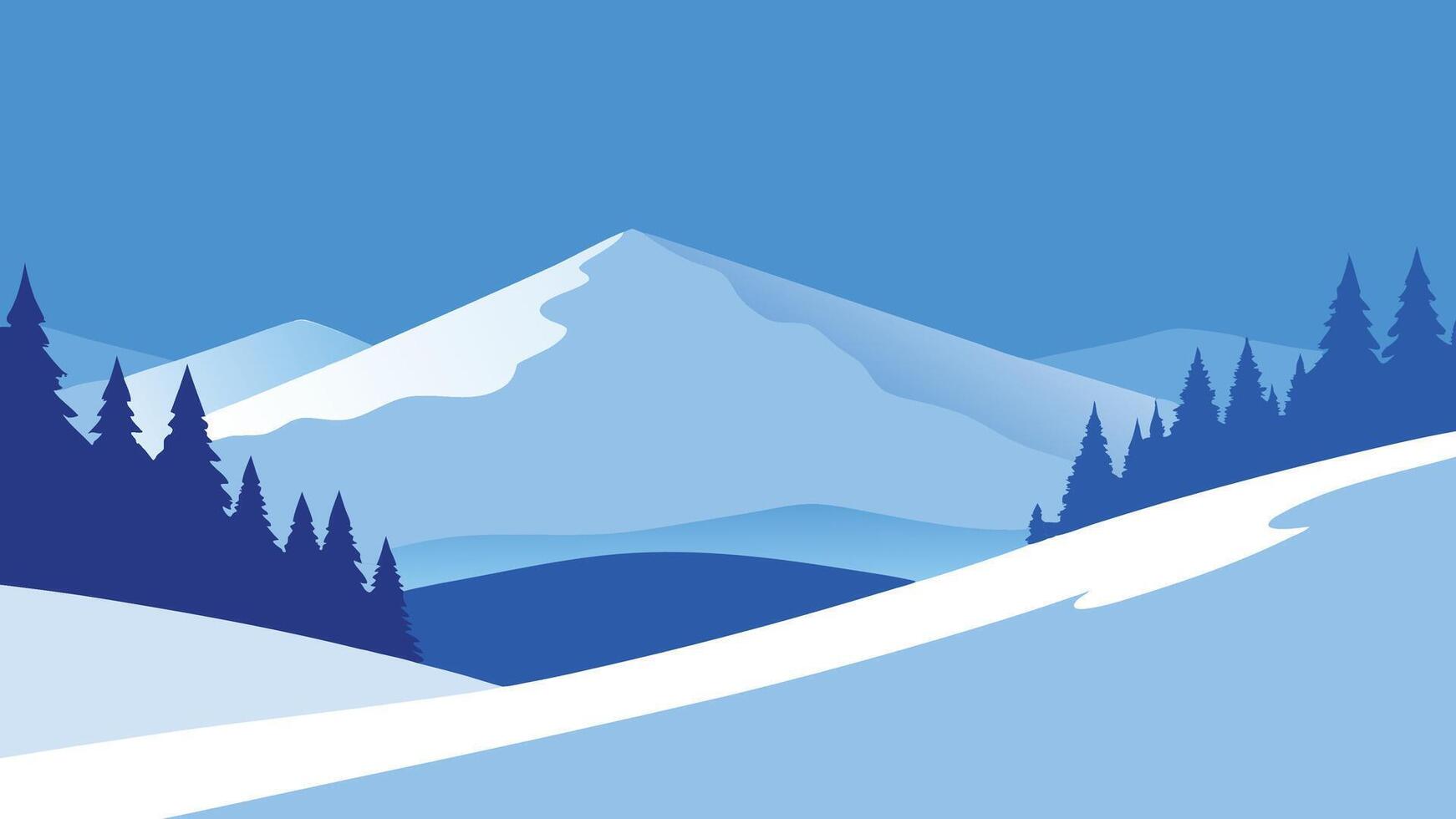 Snow covered trees blanket a hillside, creating a serene winter landscape under a clear blue sky flat illustration vector