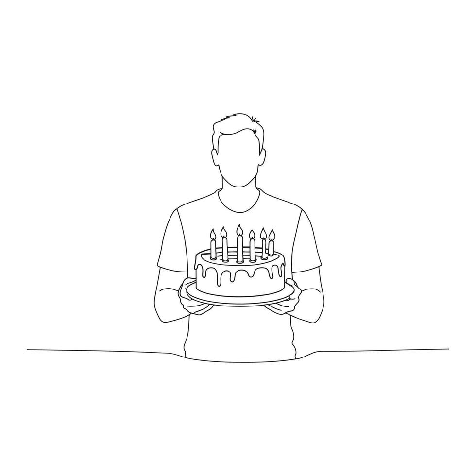 Man proudly holds a decorated cake adorned with candles, ready to celebrate a special occasion isolated continuous line art flat illustration on white background vector