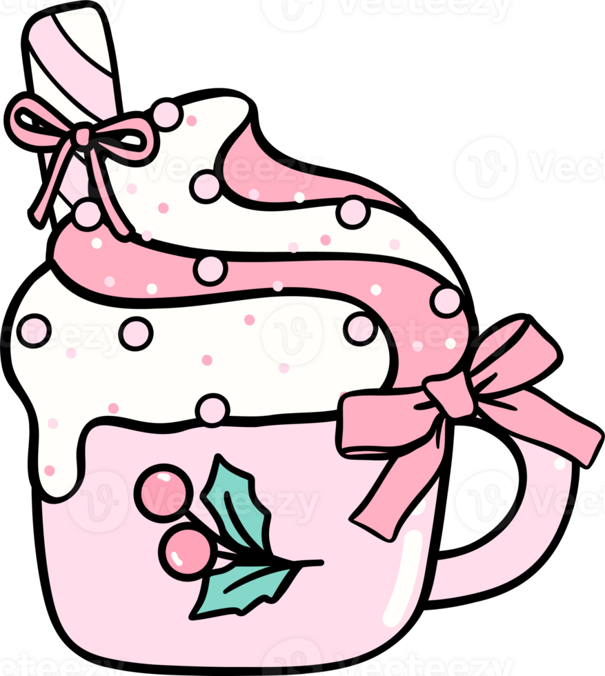 Coquette Christmas Pink Whipped Cream Drinks with ribbon bow doodle lined pastel png