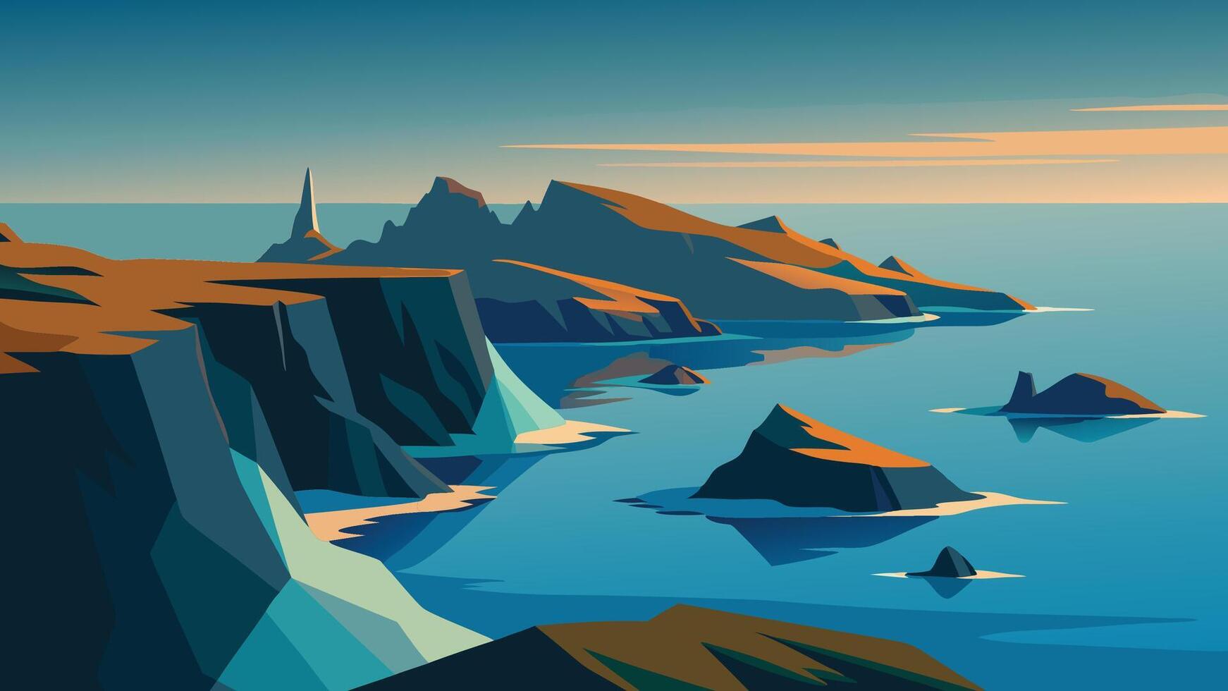 Aerial view of a rugged island coastline, showcasing rocky formations and the interplay of land and sea flat illustration. vector