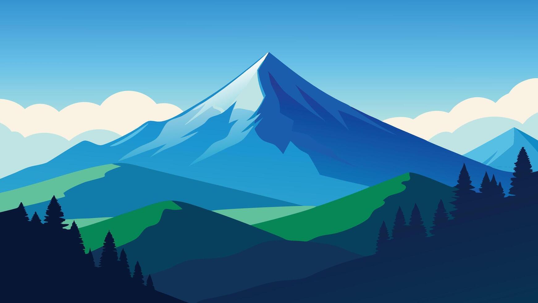 breathtaking summer view from a mountain peak, showcasing lush greenery and a clear blue sky flat illustration. vector