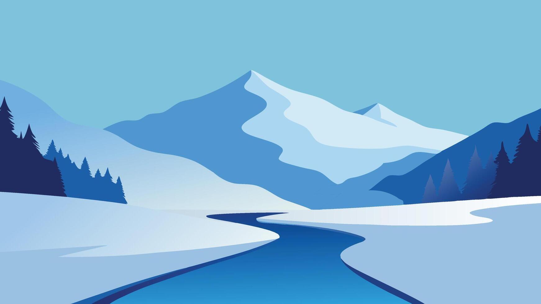 river blanketed in snow, shrouded in a thick layer of fog, creating a tranquil winter landscape flat illustration vector