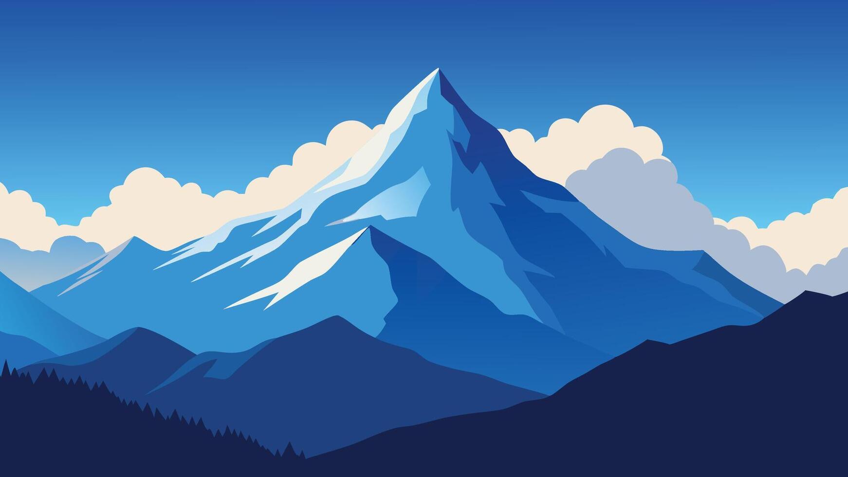 Aerial view showcasing majestic mountains partially obscured by fluffy clouds against a clear blue sky flat illustration vector