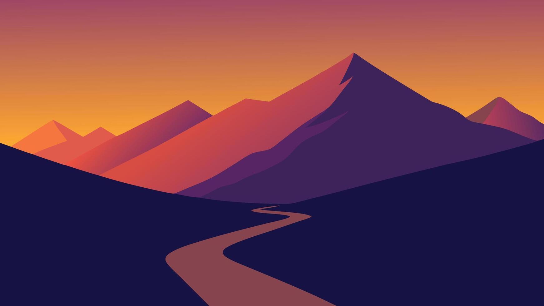 stunning sunset casts vibrant colors over mountains, with a winding path inviting exploration to the summit flat illustration. vector