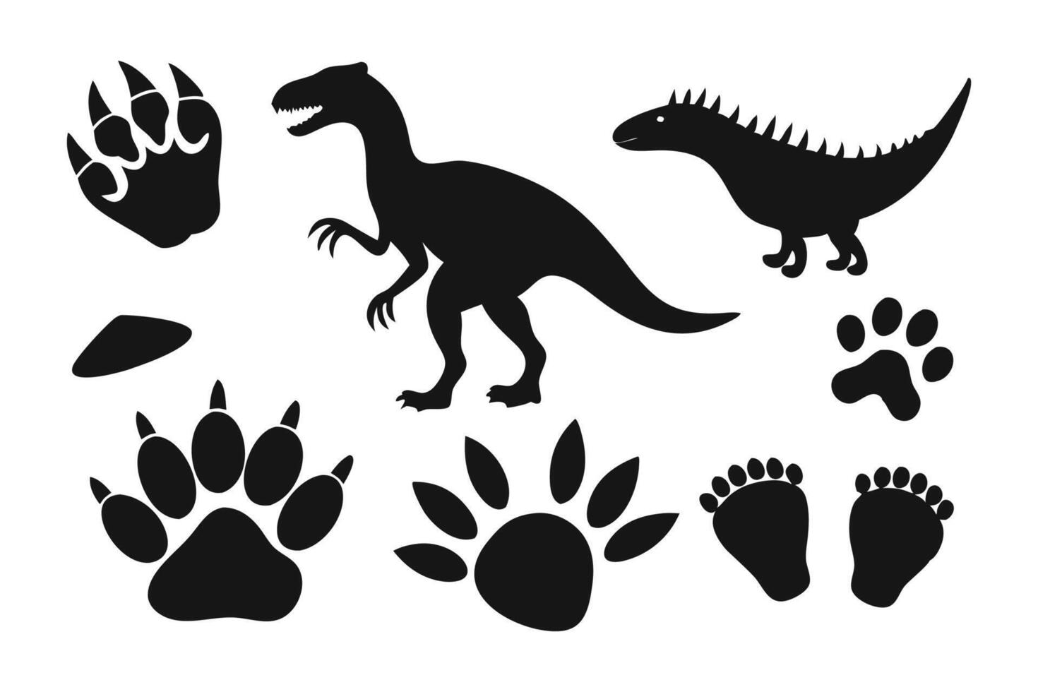 Dinosaur paw. Monster lizard footprint, dino black silhouette footstep set flat illustration on white background vector