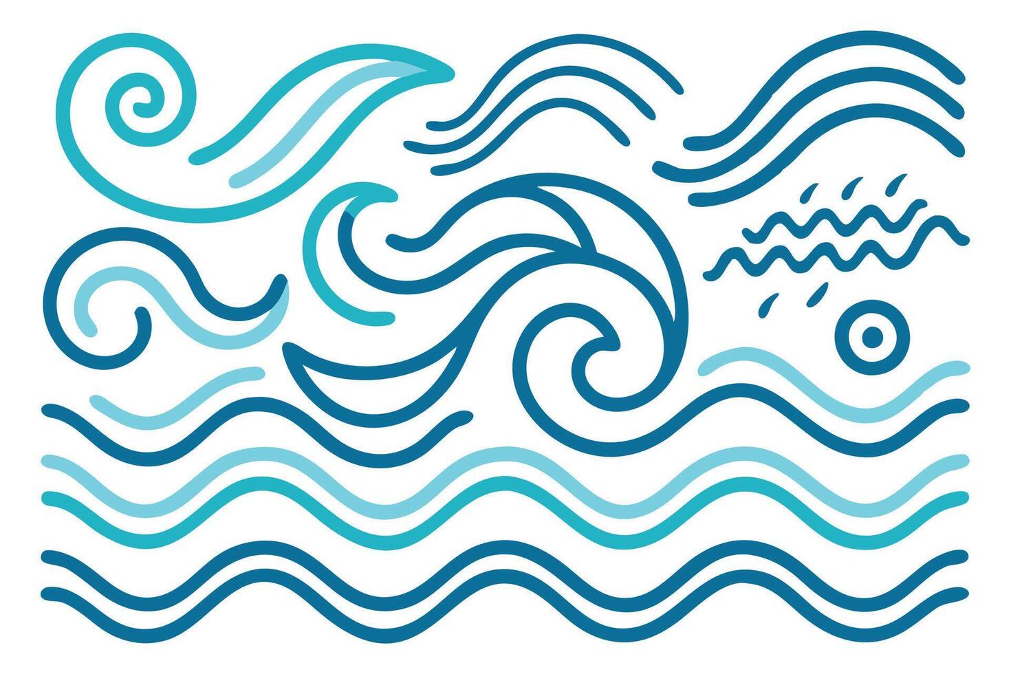 Decorative outline curly and swirly river liquid. Zigzag horizontal sea and ocean water elements isolated flat illustration on white background. vector