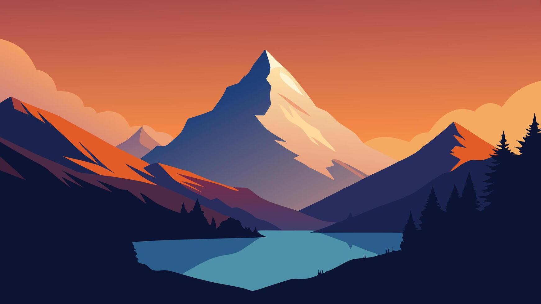 Beautiful Evening panorama of Bachalp lake Bachalpsee Switzerland. Unbelievable autumn sunset in Swiss Alps, Grindelwald, Bernese Oberland, Europe. flat illustration Nature background vector