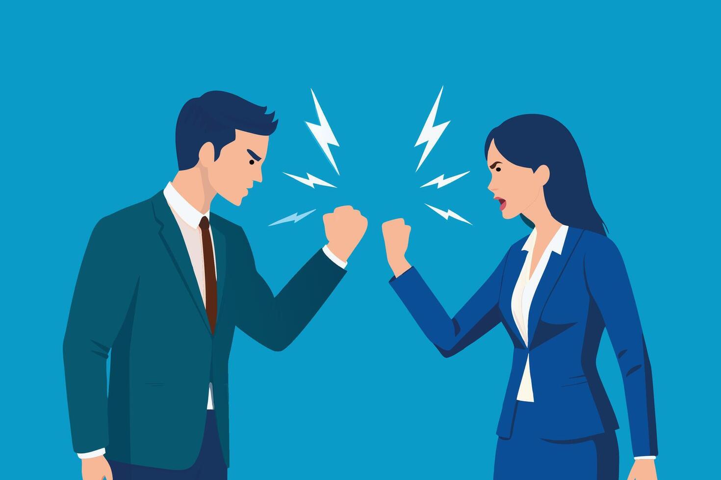 Business young couple fight standingrelationship in trouble. Different angry, use emotion shouting at each other. Argue husband has expression of disappointment and upset with wife. vector