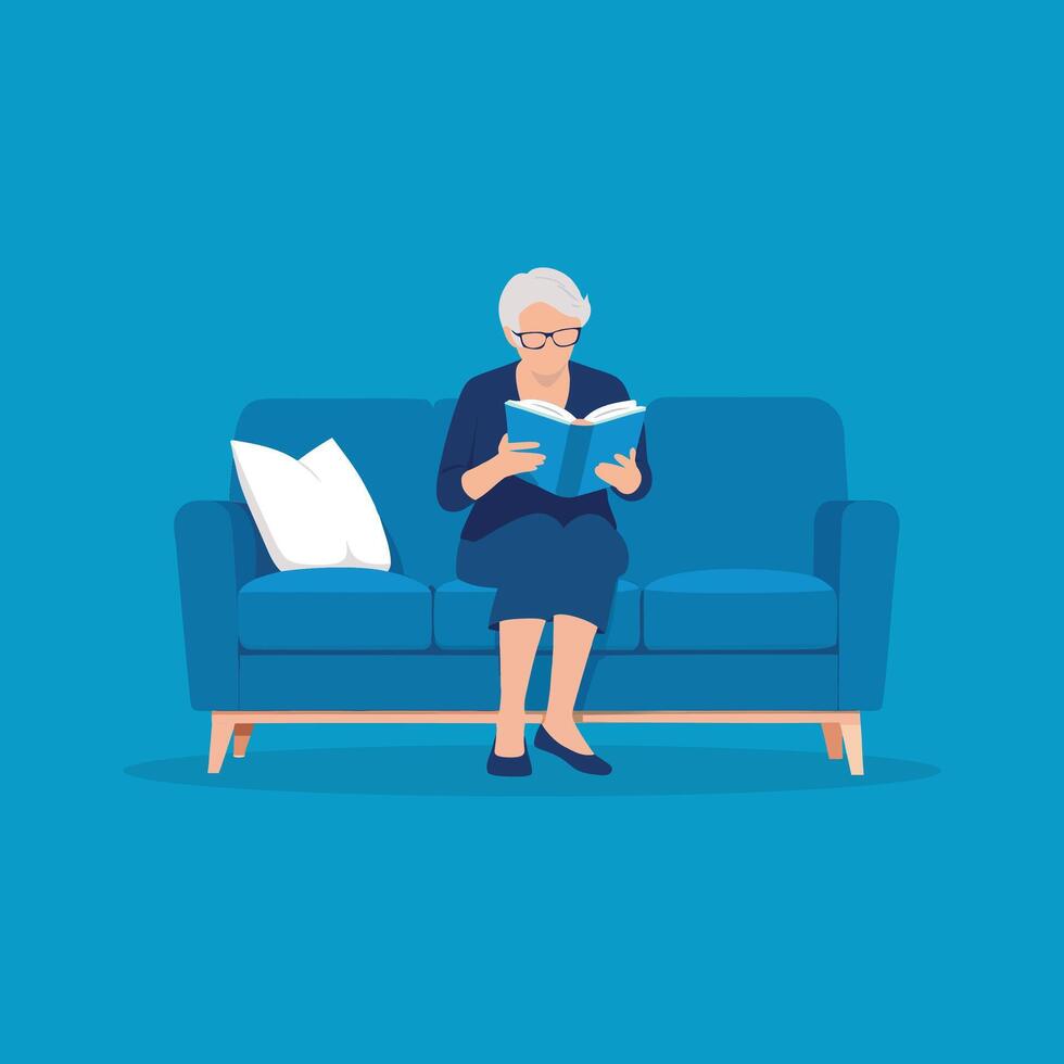 Woman having vision problem trying to stare read text on a book on sofa at home, eye disease of elderly. Poor eyesight farsightedness, health care concept isolated flat illustration. vector