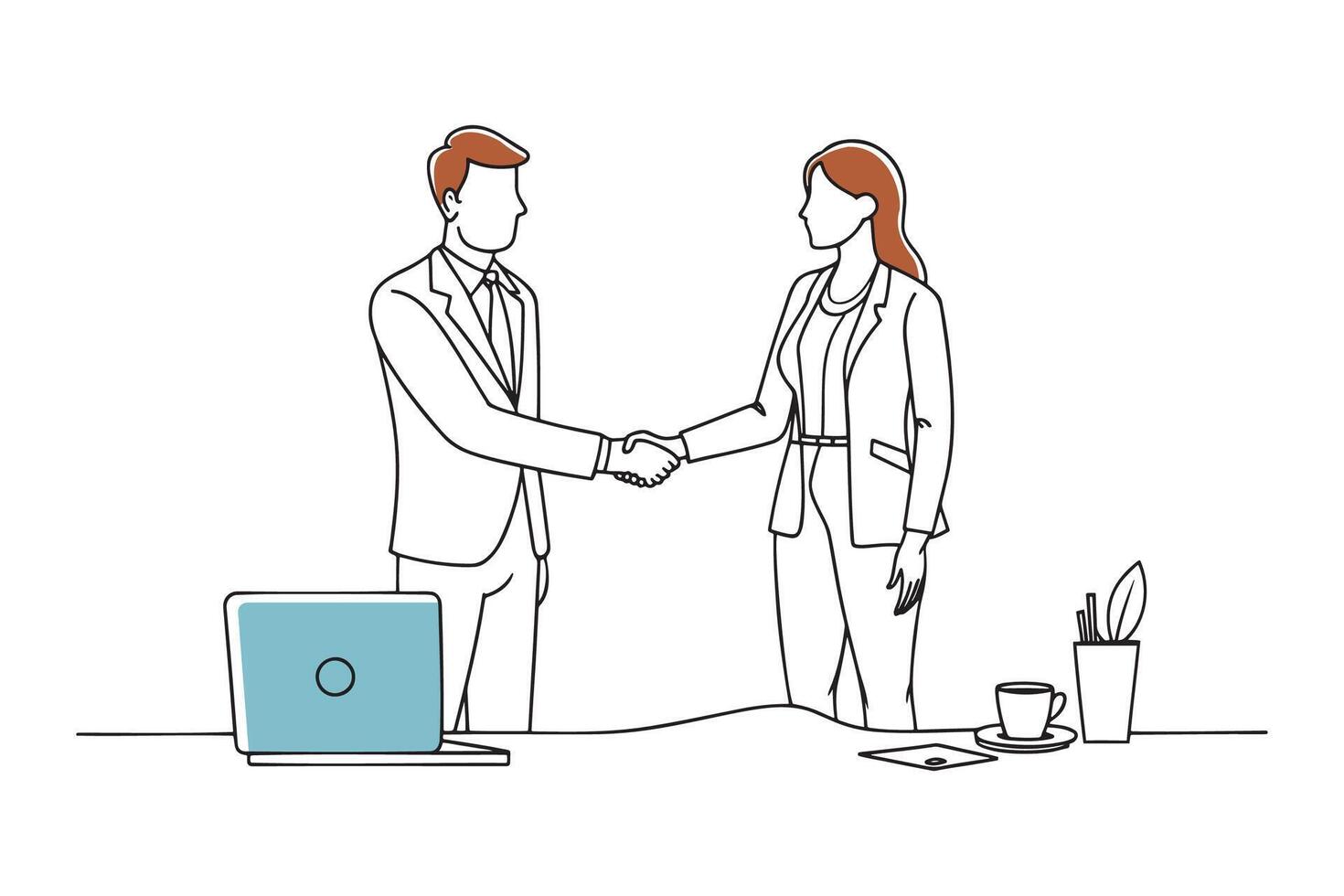 Business individuals shaking hands in an office, representing agreement and professional relationships isolated continuous line art flat illustration on white background. vector