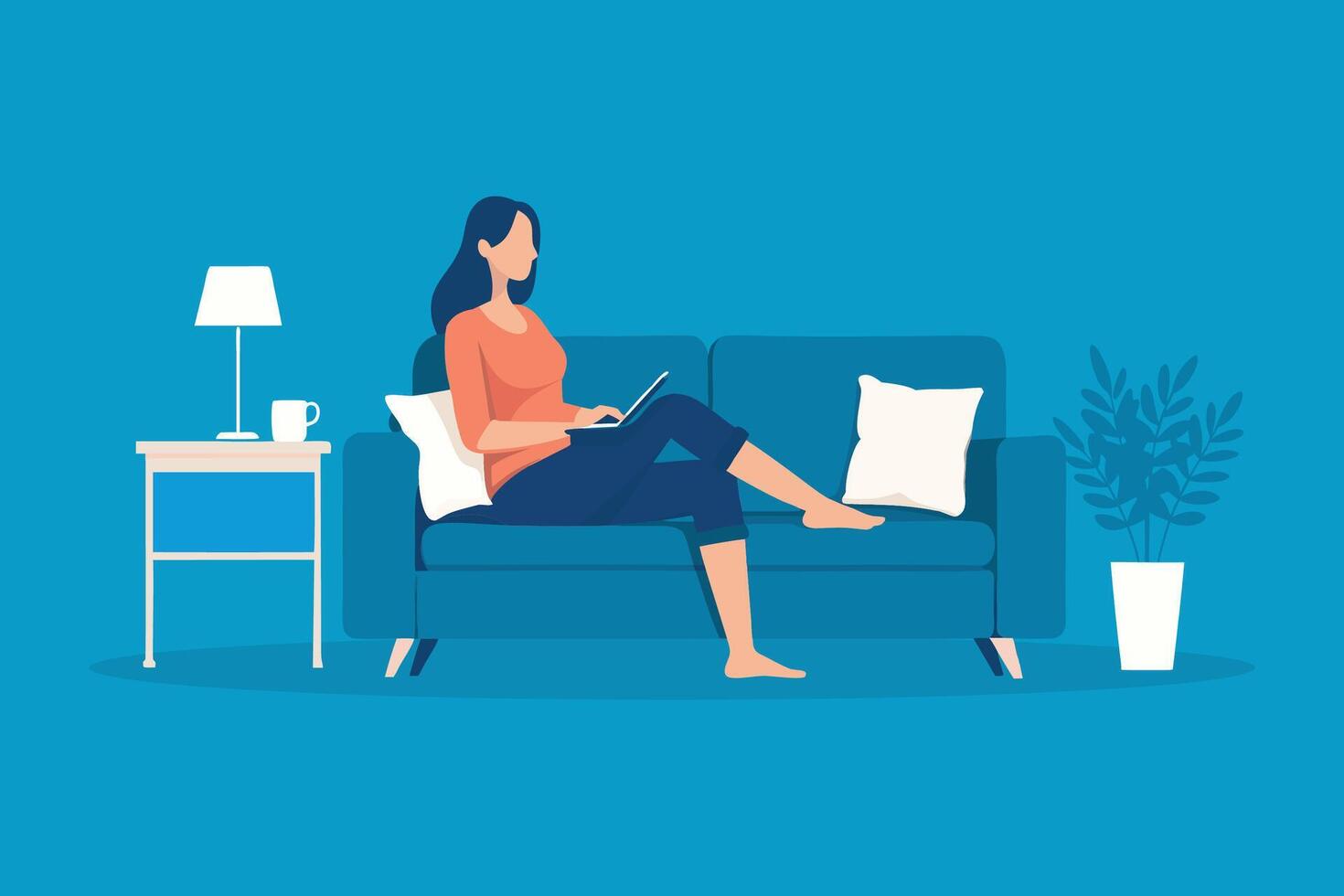 Woman seated on a couch, comfortably resting her feet on the floor, exuding a relaxed atmosphere in her living space isolate vector