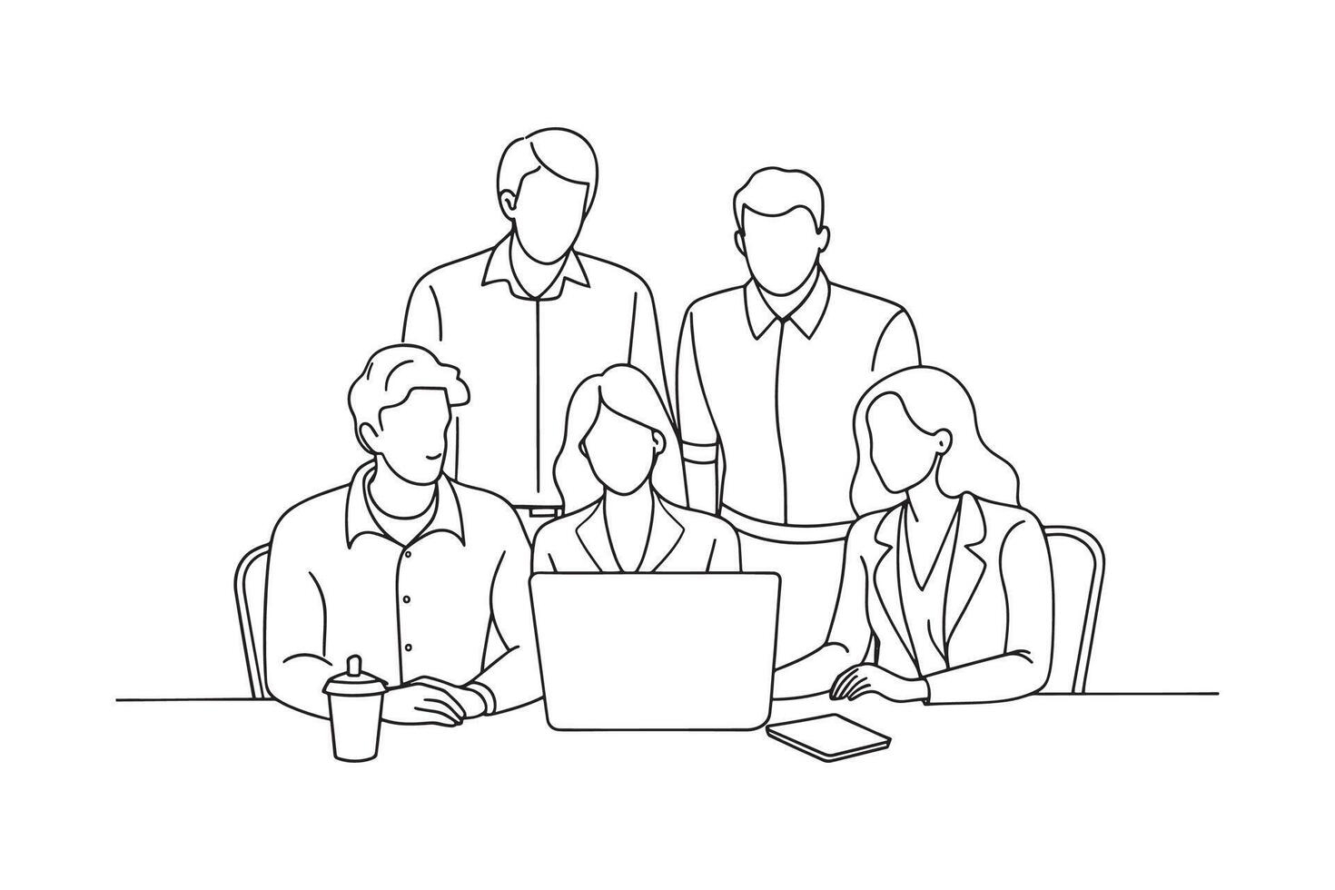 Several people gathered in an office environment, showcasing teamwork and collaboration isolated continuous line art flat illustration on white background vector