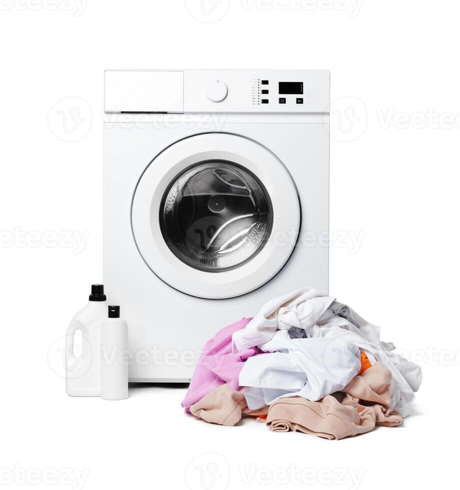 White Washing Machine With Open Door and Clothes Overflowing From a Wicker Basket photo