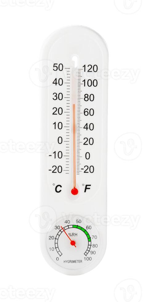 White Thermometer and Hygrometer Displaying Room Temperature and Humidity photo