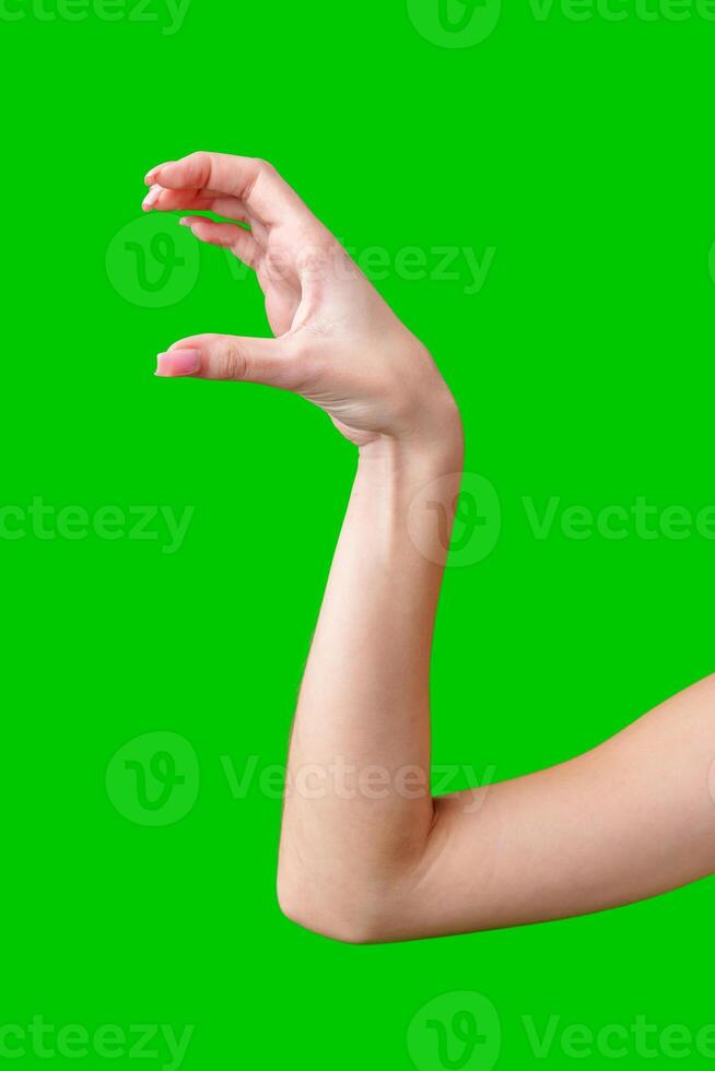 Female Hand Making Gesture Against Green Screen photo