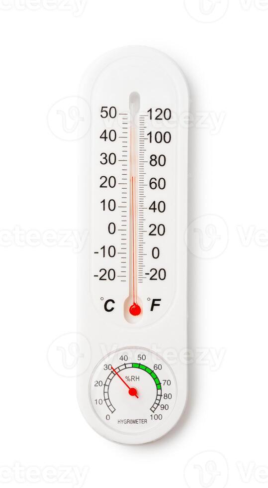 White Thermometer and Hygrometer Displaying Room Temperature and Humidity photo