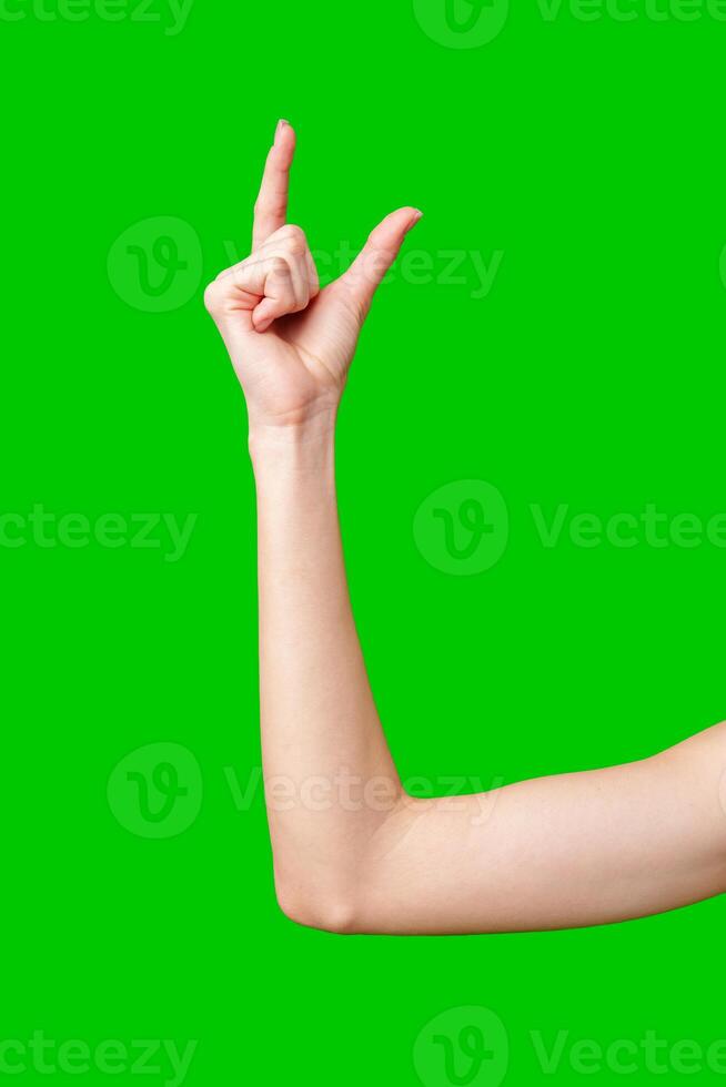 Woman's Hand Making a Small Measurement Gesture Against Green Screen photo