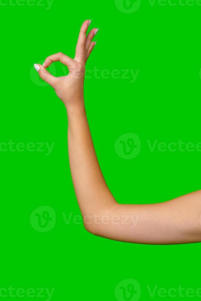 Woman's Hand Forming Okay Sign Against Green Screen photo