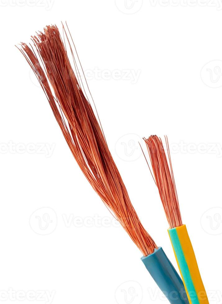 Various Electrical Wires With Exposed Copper Strands on White Background photo