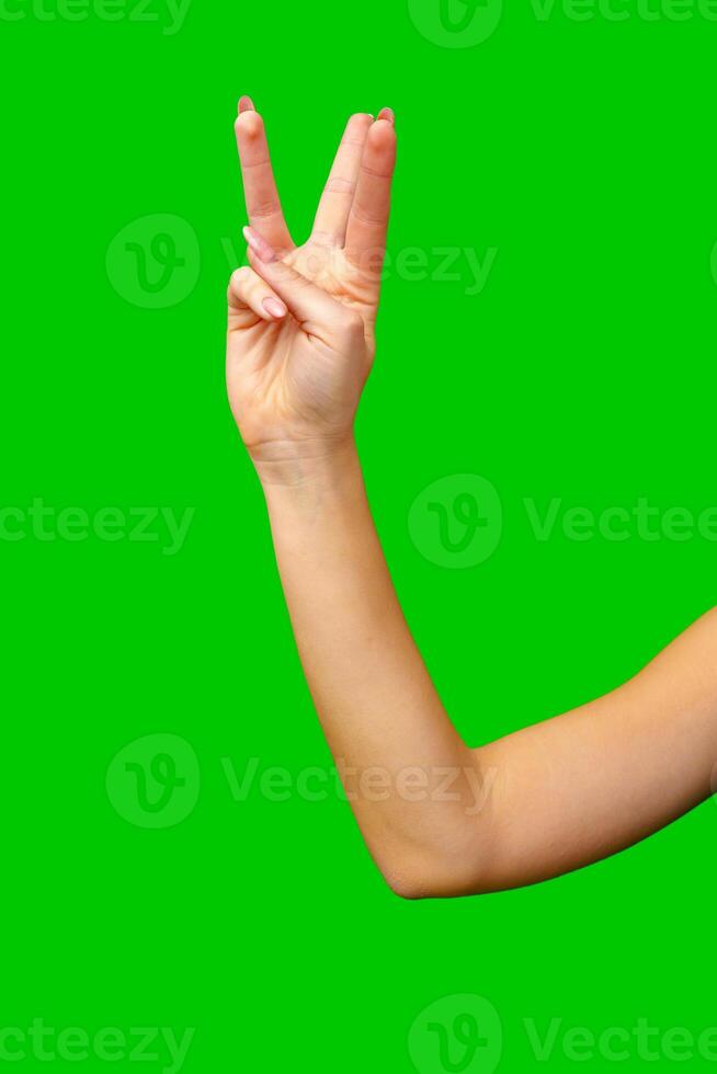 Woman Holding Out Hand on Green Screen photo