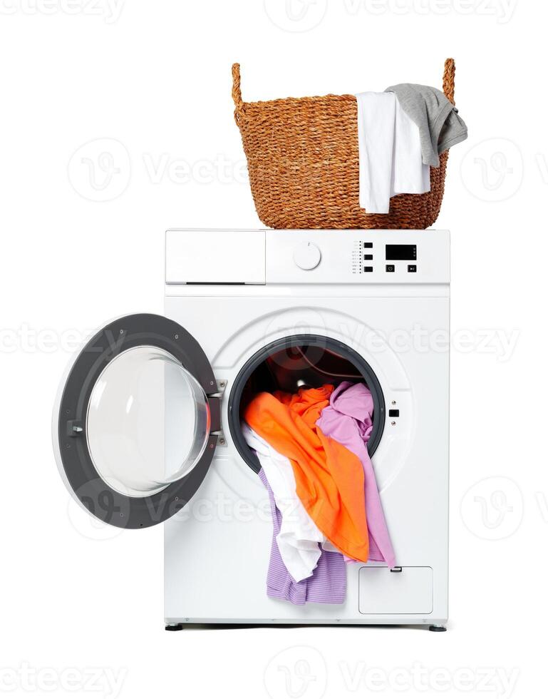 White Front Load Washing Machine With Clothes Inside and Laundry Detergent photo