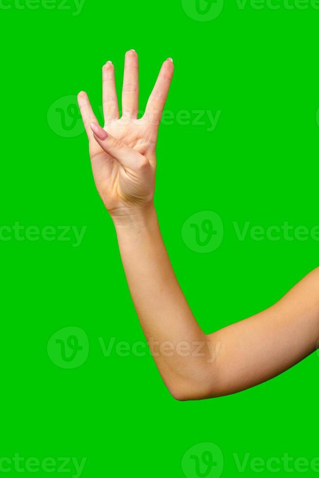 Woman Holding Out Hand on Green Screen photo