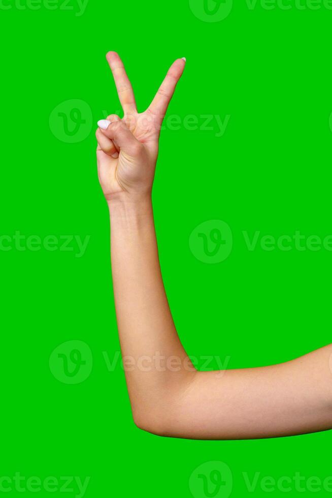 Woman's Hand Making Peace Sign Against Green Screen photo