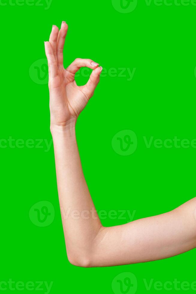 Woman's Hand Making Okay Sign Against Green Screen photo