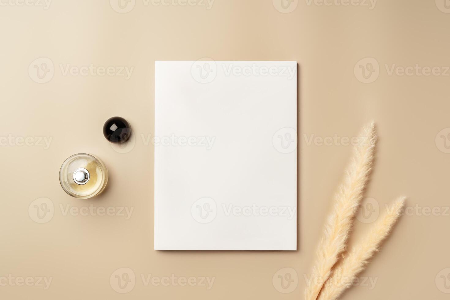 Blank stack of paper on beige background top view photo