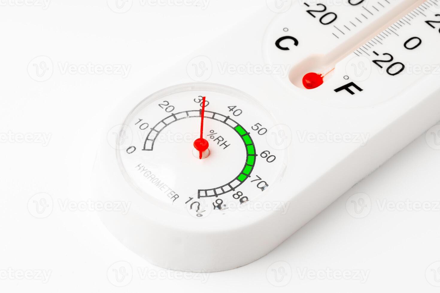 White Thermometer and Hygrometer Displaying Room Temperature and Humidity photo