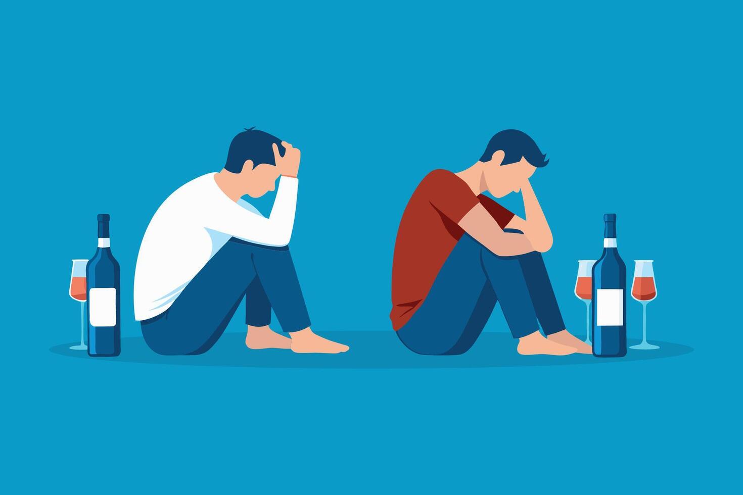 The struggles of alcoholism intertwined with the weight of depression, illustrating emotional turmoil isolated flat illustration. vector