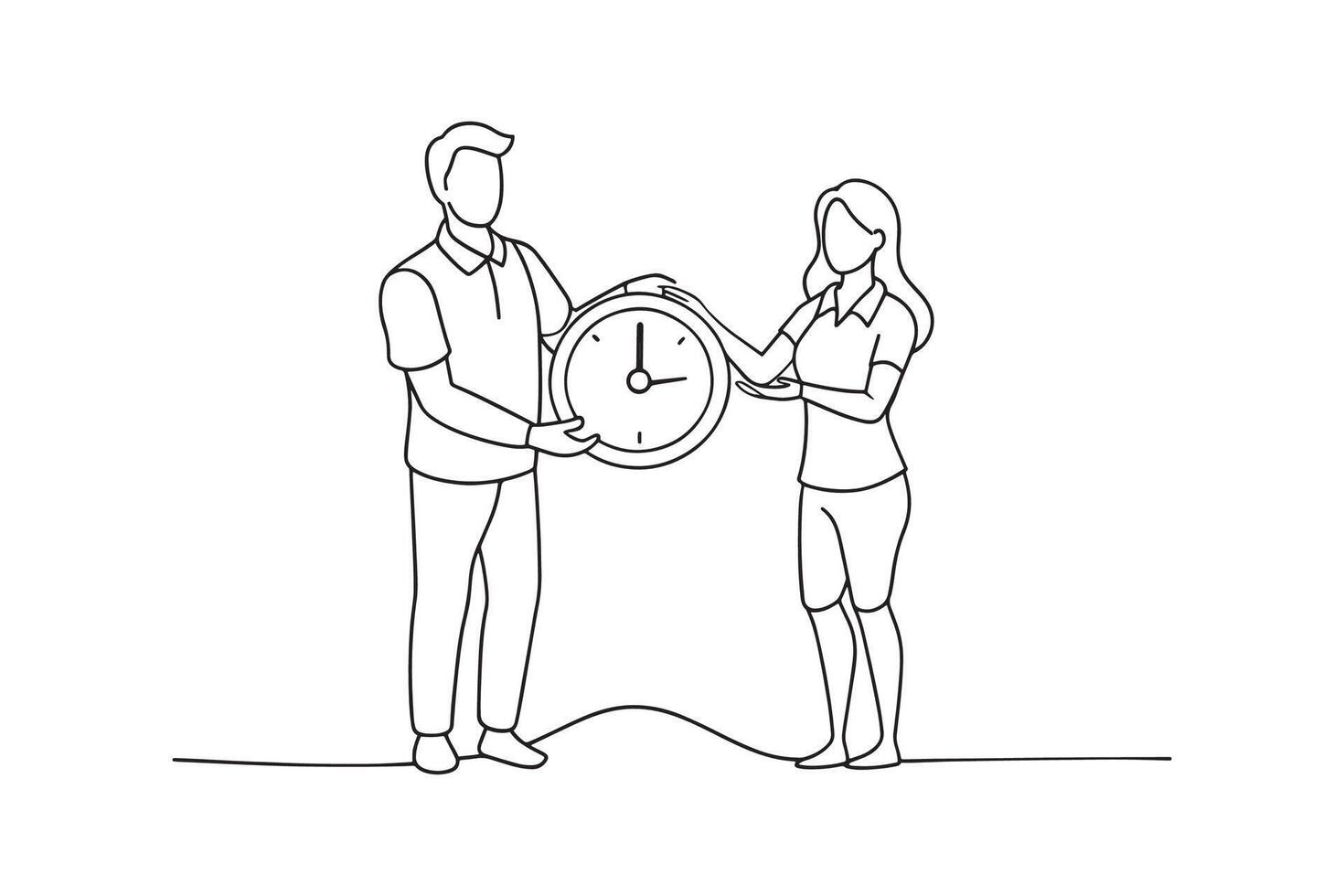 man and woman hold a clock and a dollar coin continuous line art flat illustration on white background. vector