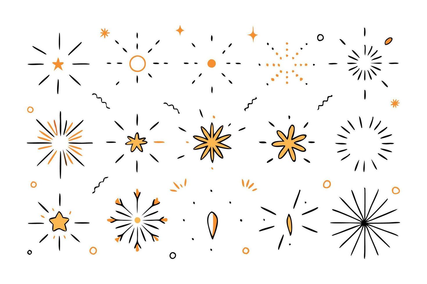 Sunburst doodle. Line shine rays and sparkles. Shining sparkles ray lines, confetti elements flat illustration set on white background vector
