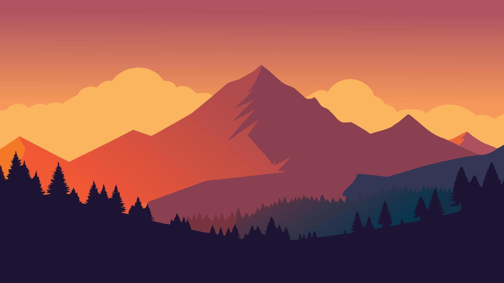 Sunset casts warm hues over majestic mountains and a lush grassy field, creating a tranquil landscape flat illustration vector