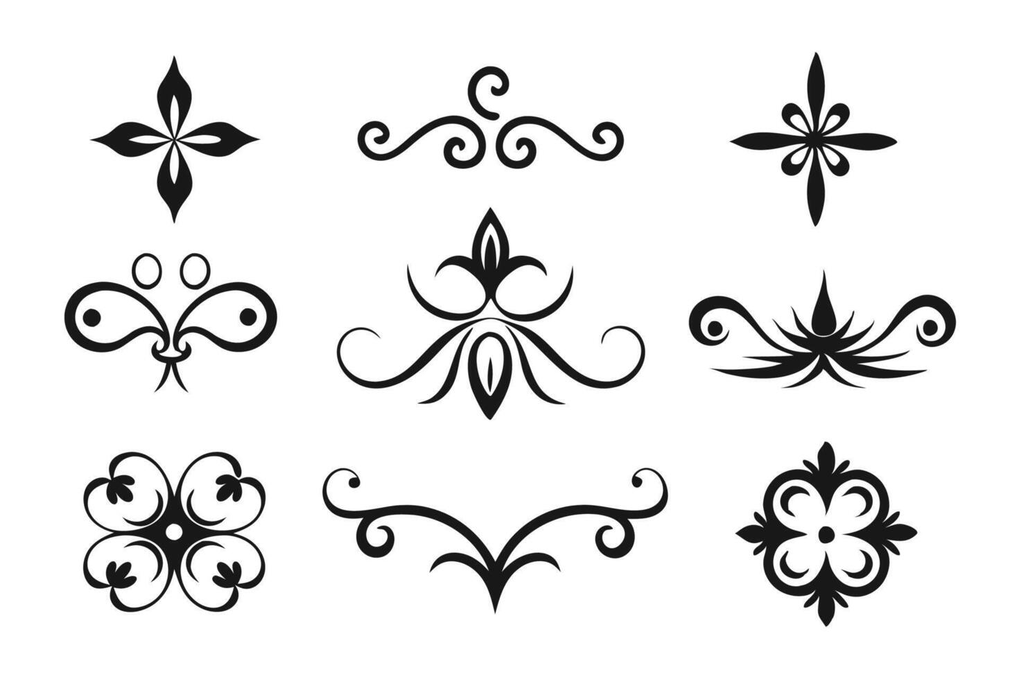 Stylish black and white floral motifs, featuring decorative lines and intricate details set flat illustration on white background. vector