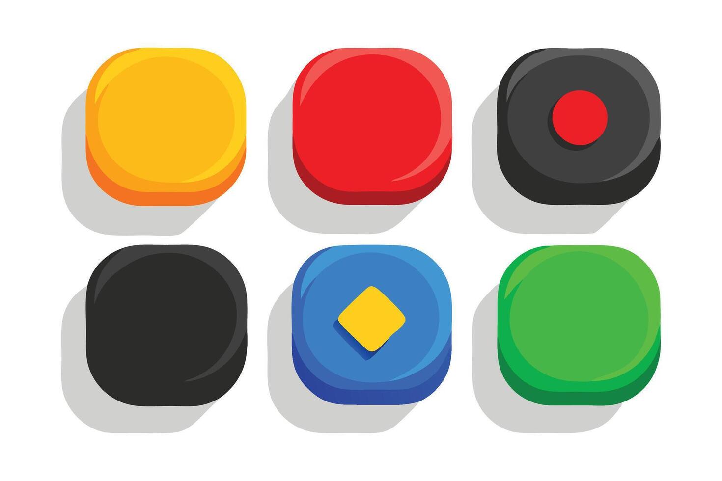 3D color button. Square and circle glossy colorful web ui buttons set illustration on white background. vector