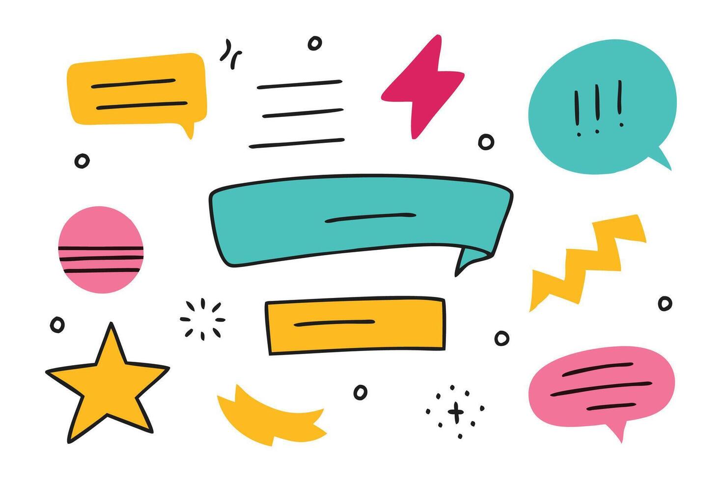 Underline shapes, speech bubble, paint ink emphasis. Simple handwriting ribbons, stars, arrows. Hand drawn kids doodles, graffiti strokes set illustraiton. vector
