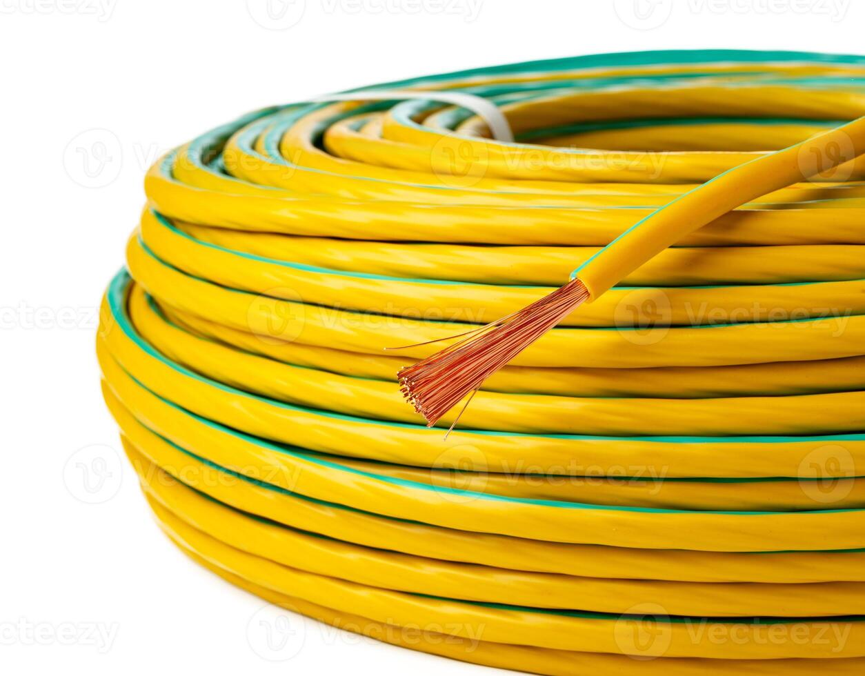 Yellow And Green Electrical Wire Roll On White Background photo