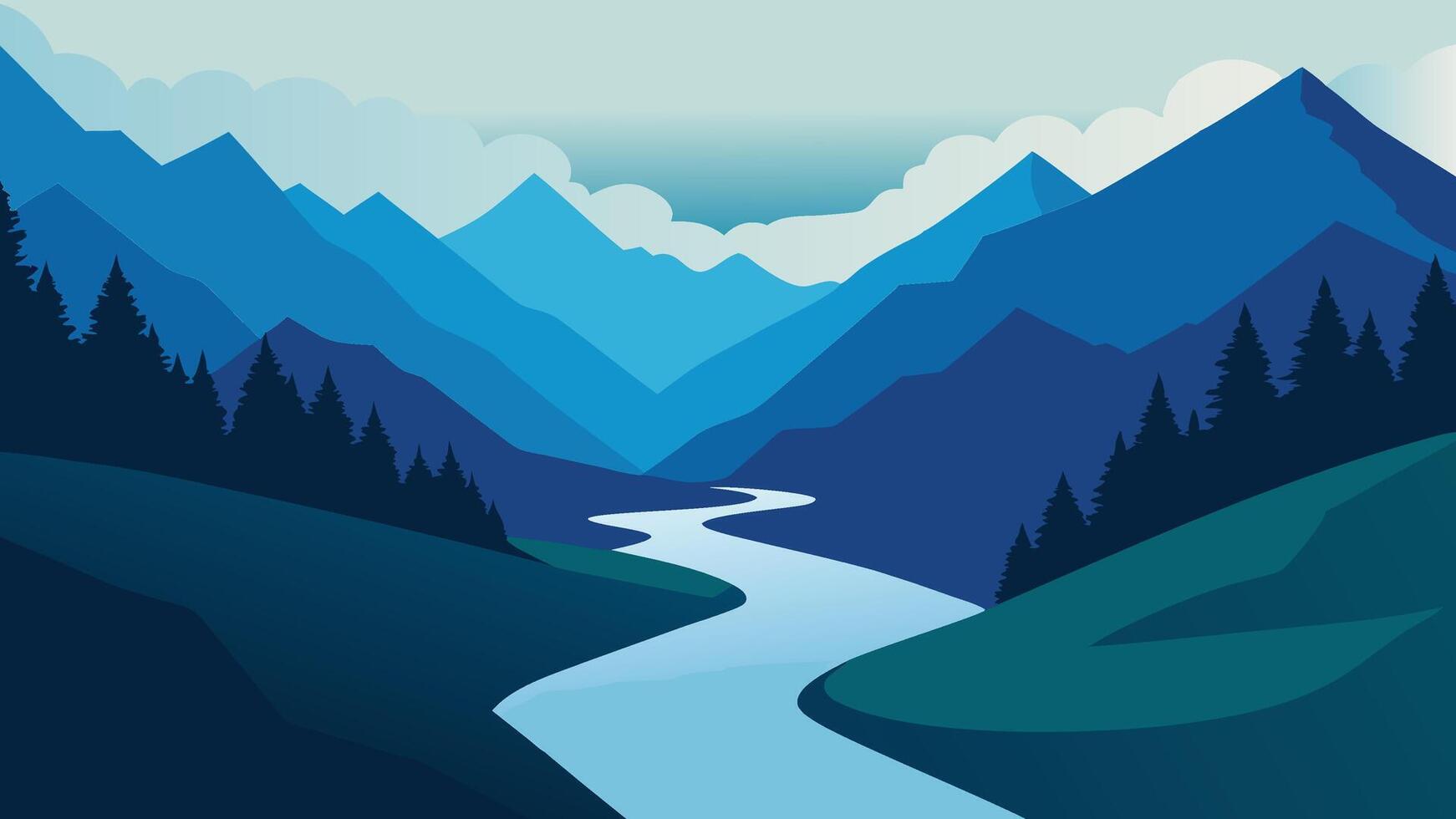 river flows through majestic mountains, surrounded by lush green trees, creating a picturesque natural landscape flat illustration vector